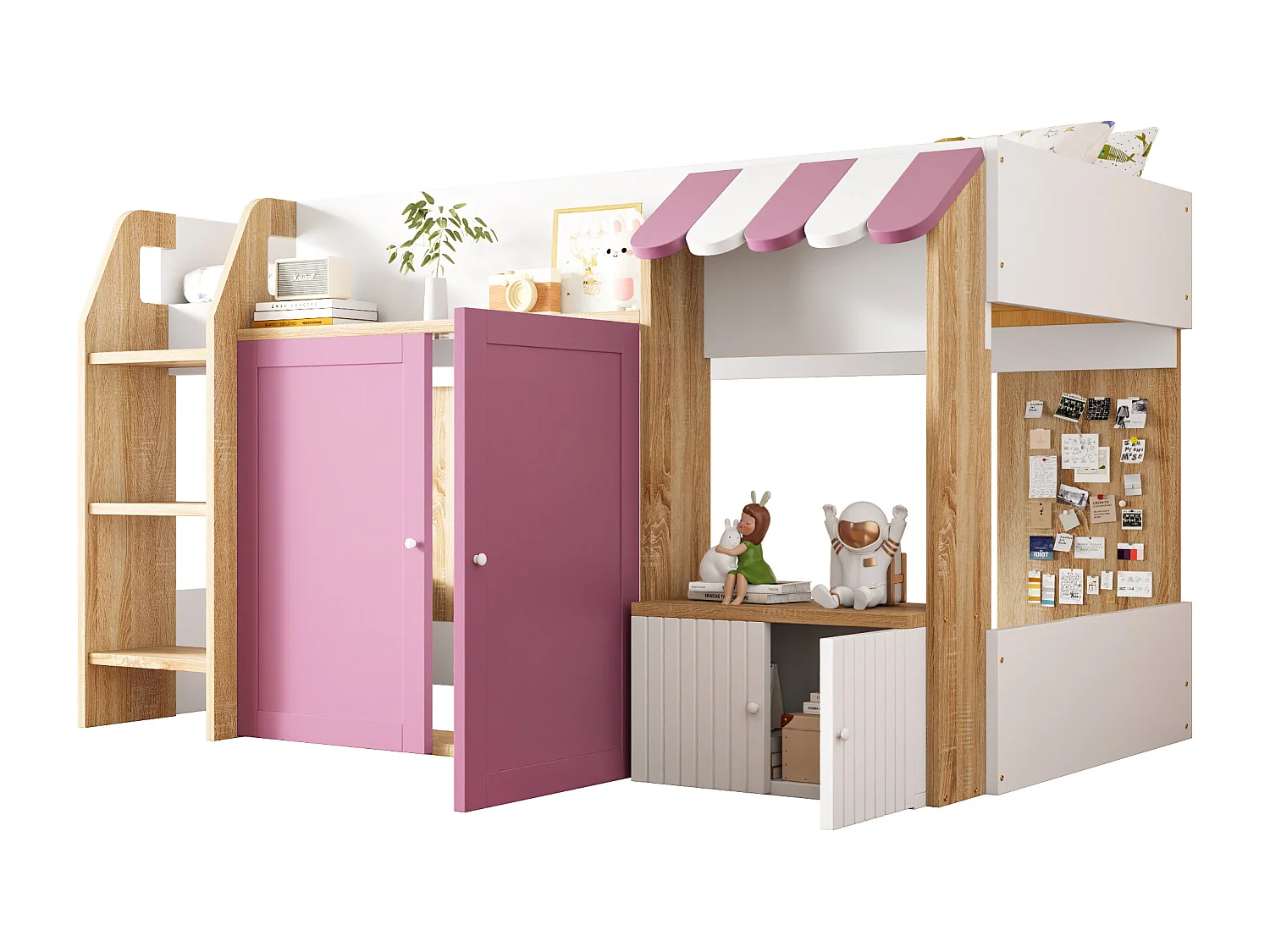 Kinderbed 90x200 cm - 4 deuren - Met ladder - ​​Wit + Roze​​ (matras niet inbegrepen)