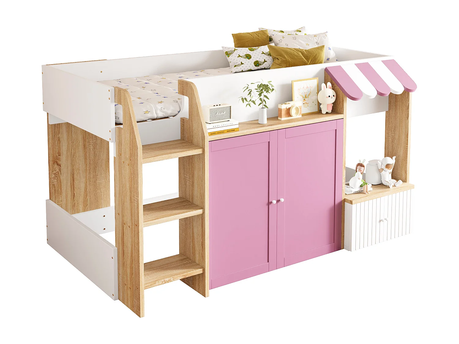 Kinderbed 90x200 cm - 4 deuren - Met ladder - ​​Wit + Roze​​ (matras niet inbegrepen)