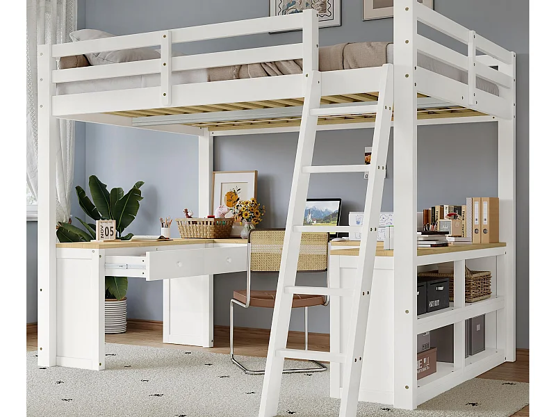 Lit mezzanine 140x200 cm - avec 2 tiroirs et étagère de rangement -  avec bureau en U - bois massif + MDF - Blanc + Naturel (sans matelas)