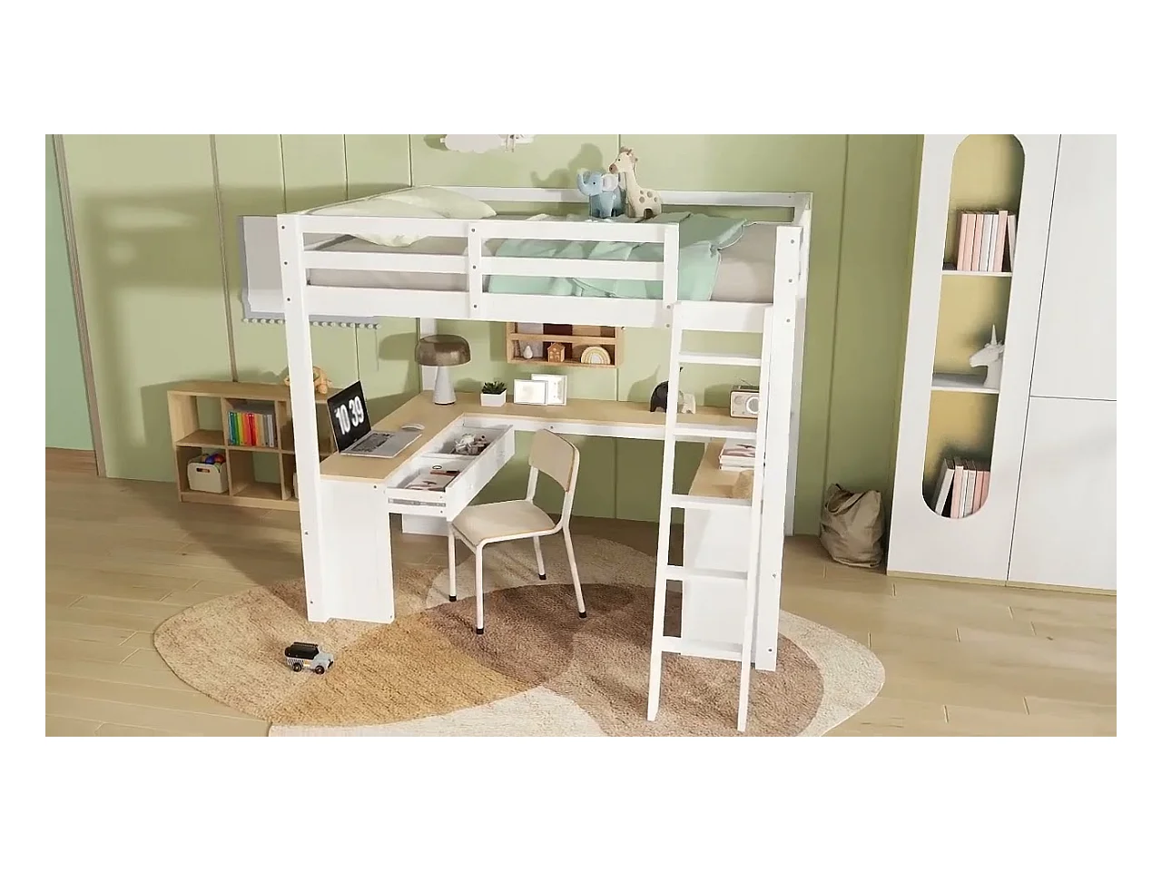 Lit mezzanine 140x200 cm - avec 2 tiroirs et étagère de rangement -  avec bureau en U - bois massif + MDF - Blanc + Naturel (sans matelas)