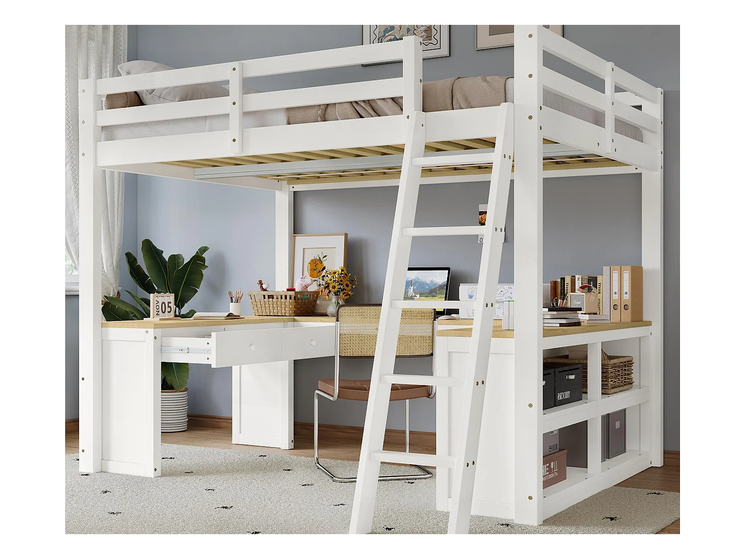 Lit mezzanine 140x200 cm - avec 2 tiroirs et étagère de rangement -  avec bureau en U - bois massif + MDF - Blanc + Naturel (sans matelas)