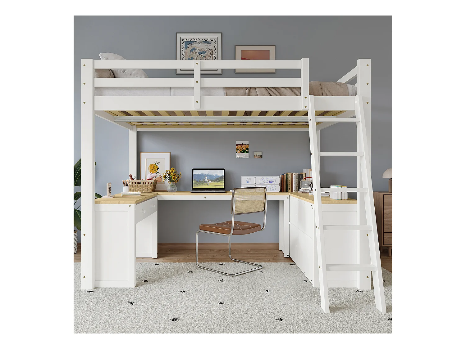 Lit mezzanine 140x200 cm - avec 2 tiroirs et étagère de rangement -  avec bureau en U - bois massif + MDF - Blanc + Naturel (sans matelas)