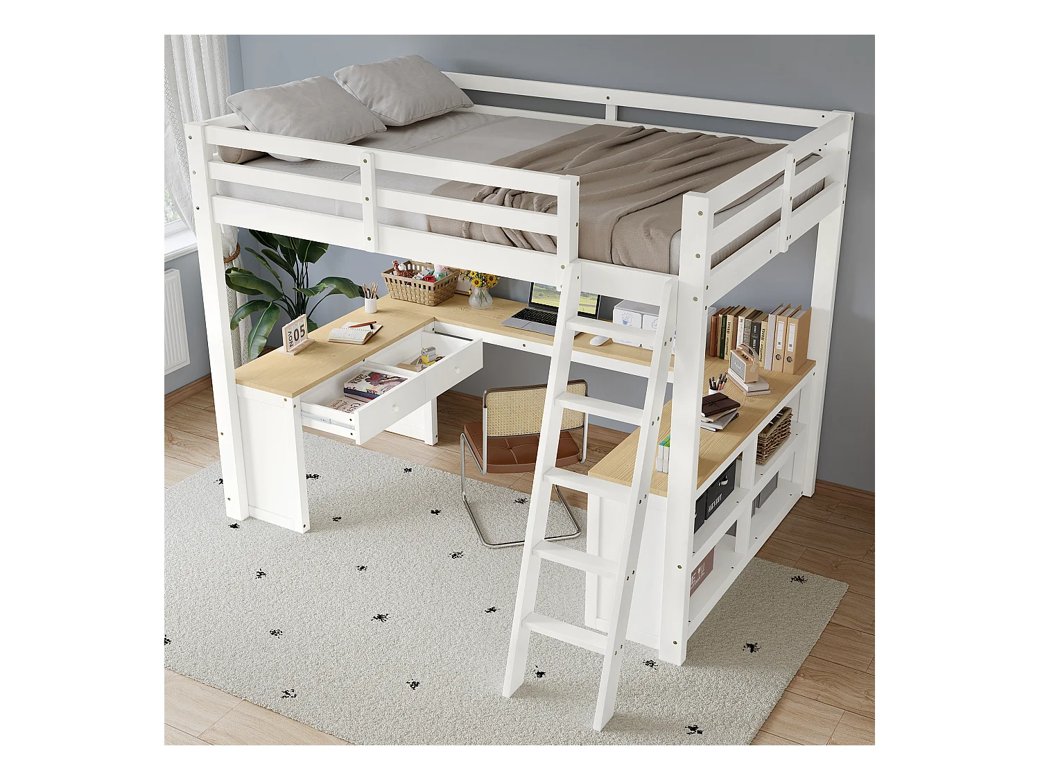 Lit mezzanine 140x200 cm - avec 2 tiroirs et étagère de rangement -  avec bureau en U - bois massif + MDF - Blanc + Naturel (sans matelas)