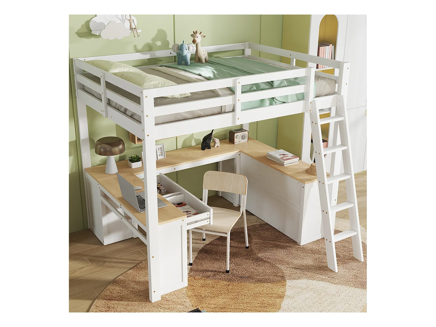 Lit mezzanine 140x200 cm - avec 2 tiroirs et étagère de rangement -  avec bureau en U - bois massif + MDF - Blanc + Naturel (sans matelas)