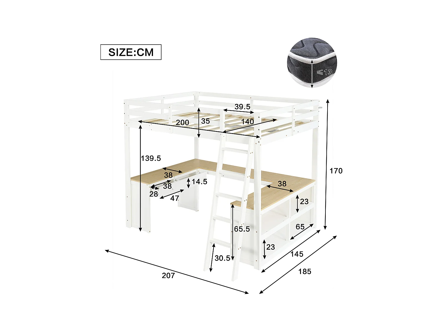 Lit mezzanine 140x200 cm - avec 2 tiroirs et étagère de rangement -  avec bureau en U - bois massif + MDF - Blanc + Naturel (sans matelas)
