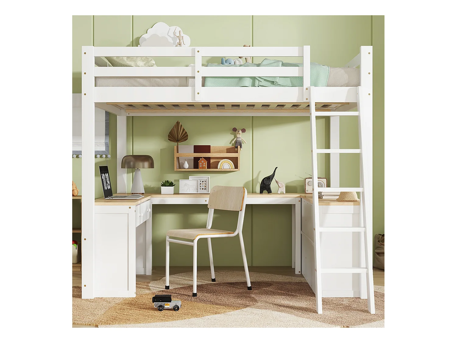 Lit mezzanine 140x200 cm - avec 2 tiroirs et étagère de rangement -  avec bureau en U - bois massif + MDF - Blanc + Naturel (sans matelas)