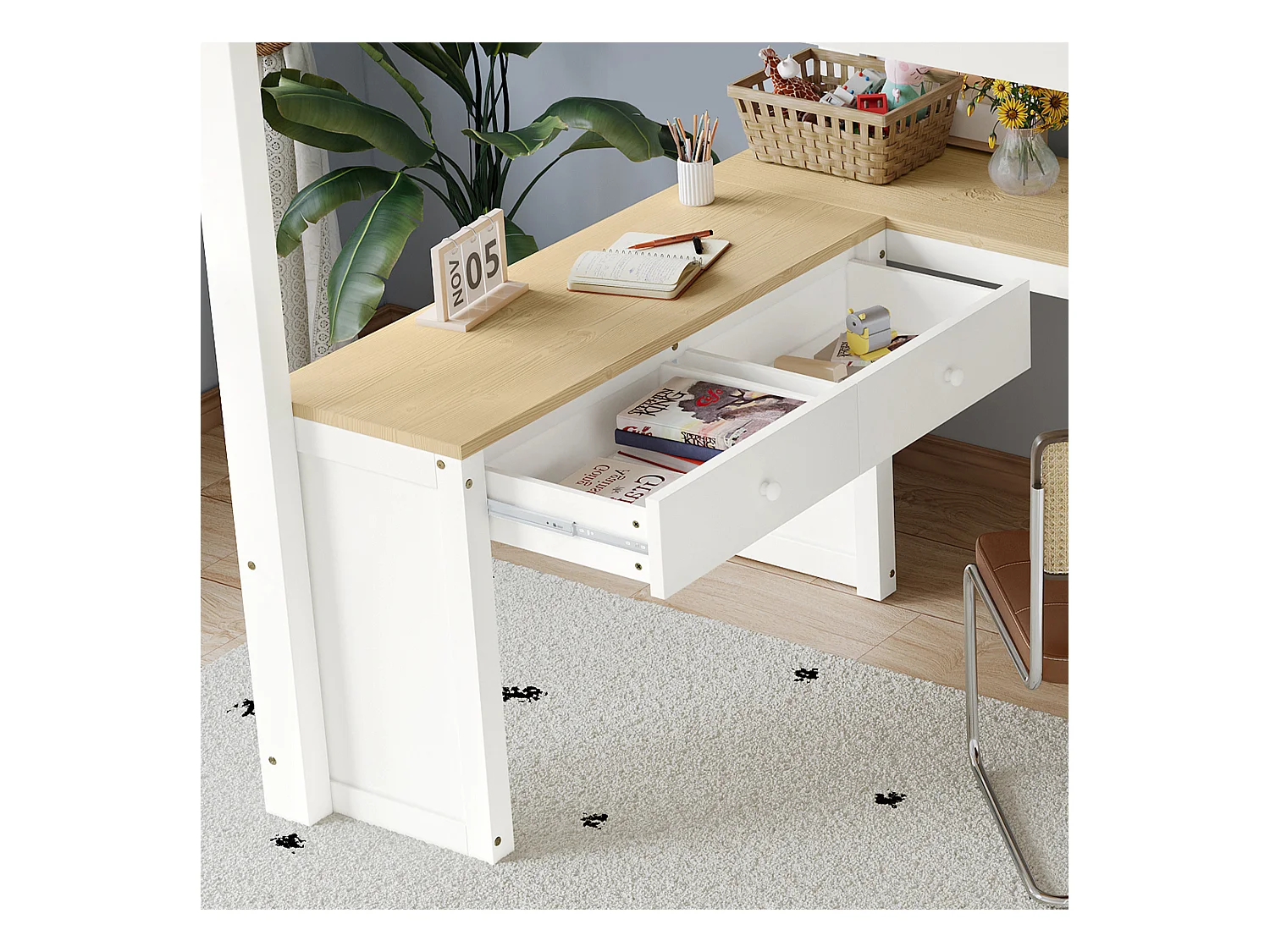 Lit mezzanine 140x200 cm - avec 2 tiroirs et étagère de rangement -  avec bureau en U - bois massif + MDF - Blanc + Naturel (sans matelas)