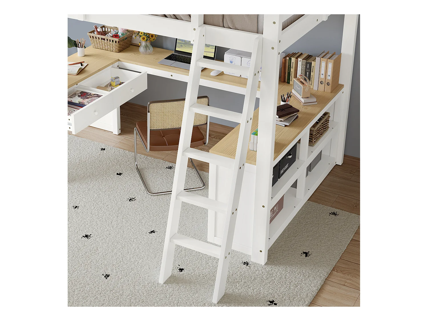 Lit mezzanine 140x200 cm - avec 2 tiroirs et étagère de rangement -  avec bureau en U - bois massif + MDF - Blanc + Naturel (sans matelas)