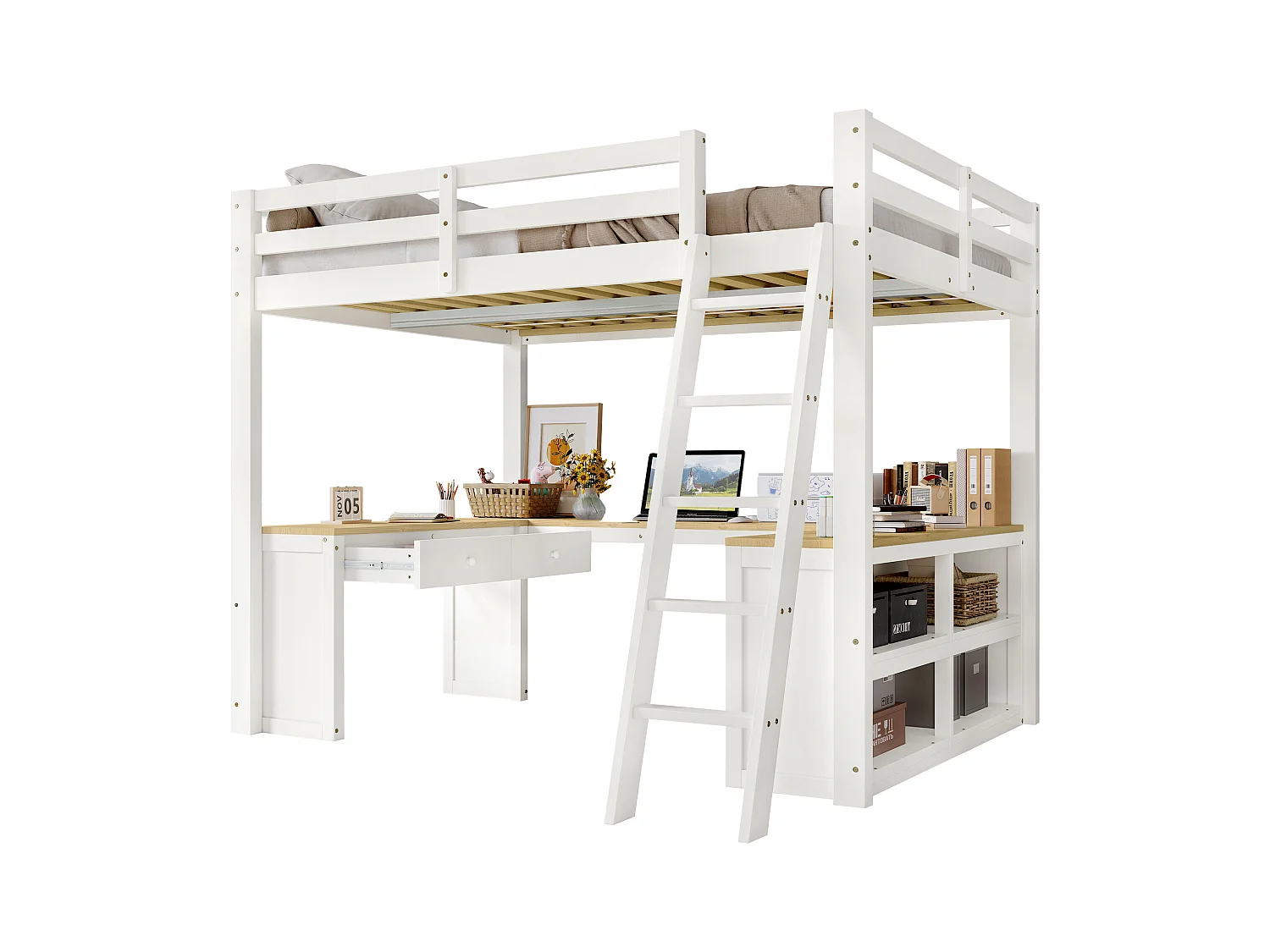 Lit mezzanine 140x200 cm - avec 2 tiroirs et étagère de rangement -  avec bureau en U - bois massif + MDF - Blanc + Naturel (sans matelas)