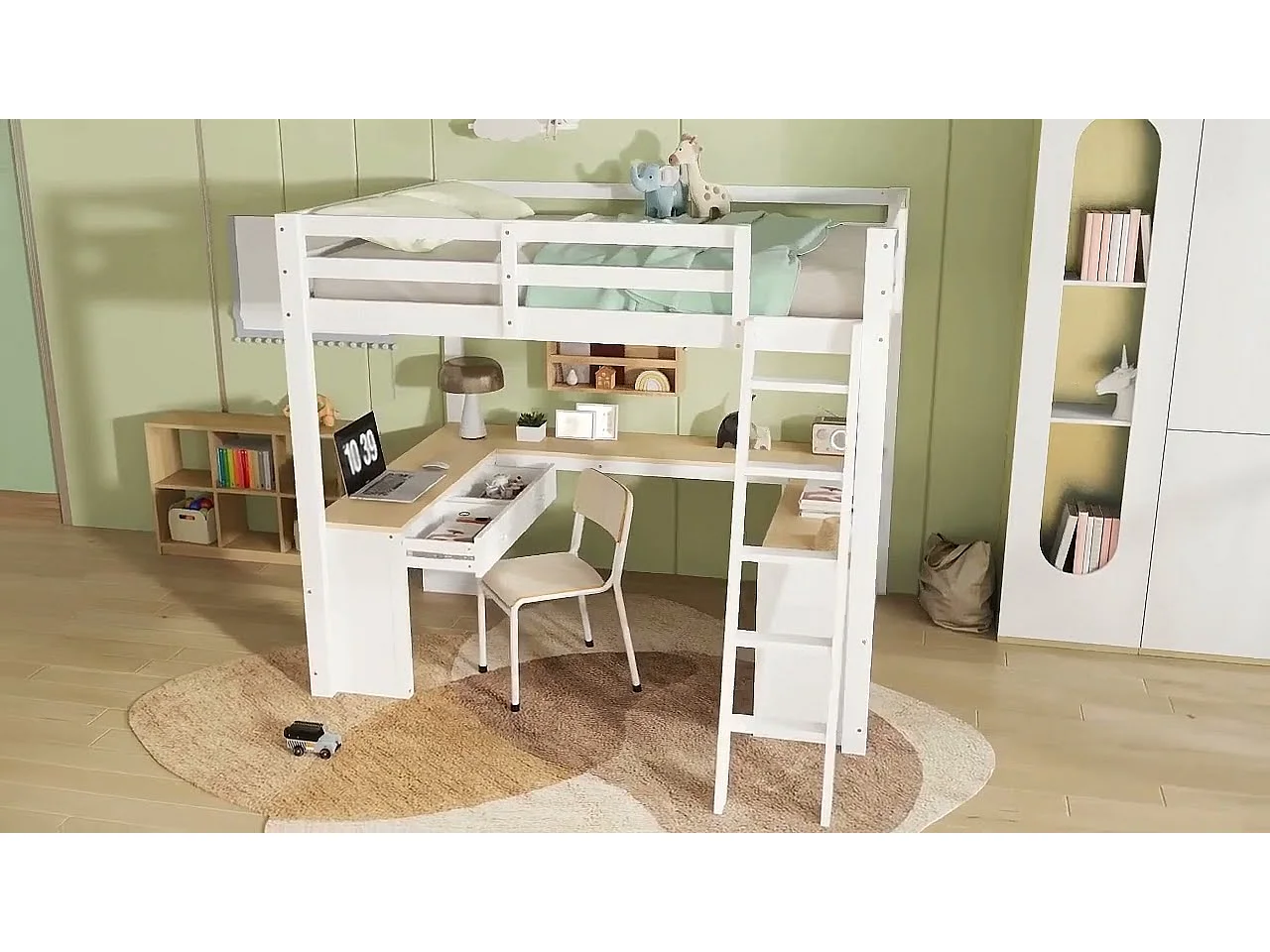 Hochbett 140x200 cm - Mit 2 Schubladen und Ablagefach - Mit U-förmigem Schreibtisch - Massivholz + MDF - Weiß + Natur (ohne Matratze)