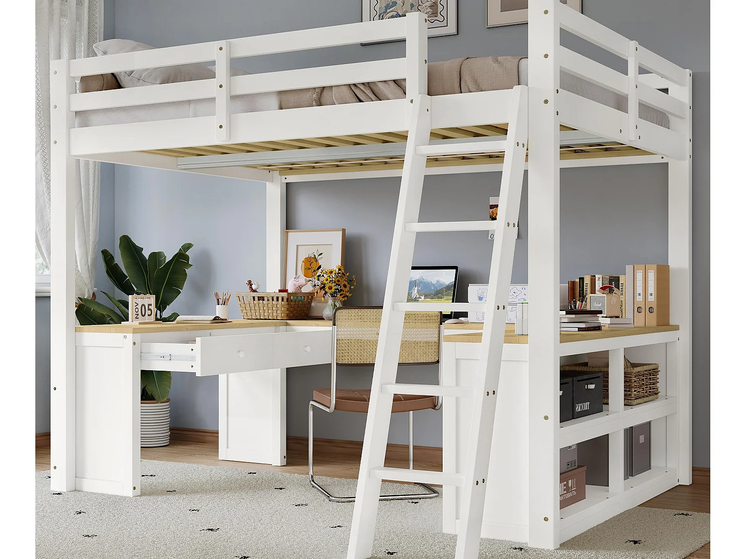 Hochbett 140x200 cm - Mit 2 Schubladen und Ablagefach - Mit U-förmigem Schreibtisch - Massivholz + MDF - Weiß + Natur (ohne Matratze)