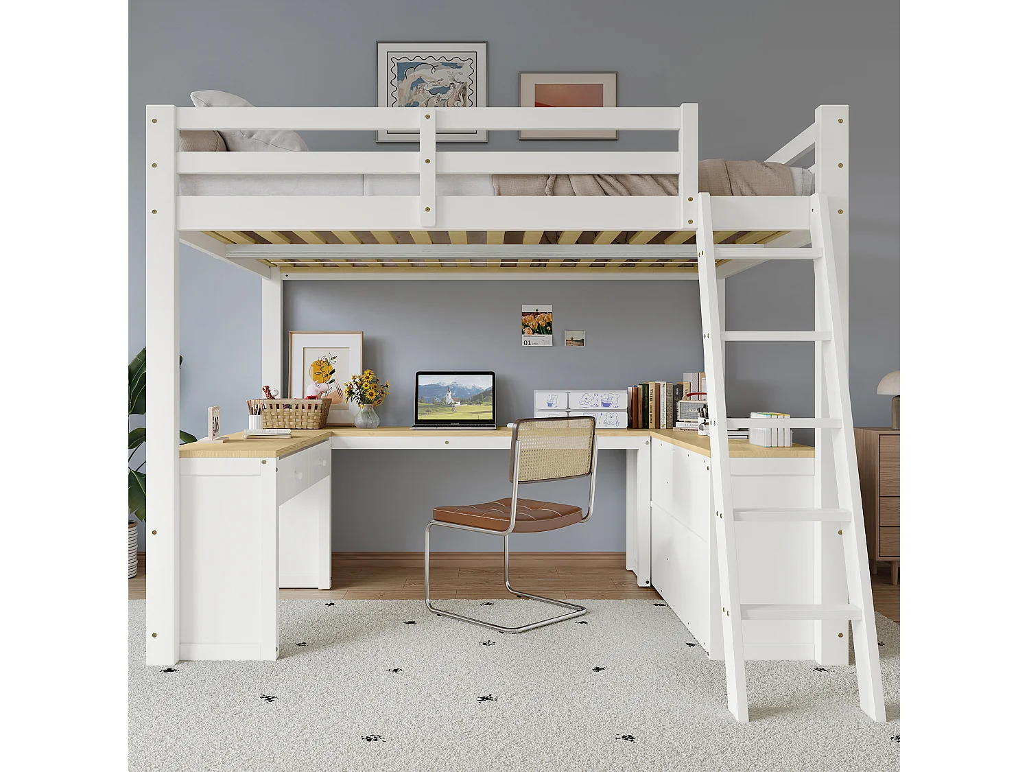 Hochbett 140x200 cm - Mit 2 Schubladen und Ablagefach - Mit U-förmigem Schreibtisch - Massivholz + MDF - Weiß + Natur (ohne Matratze)