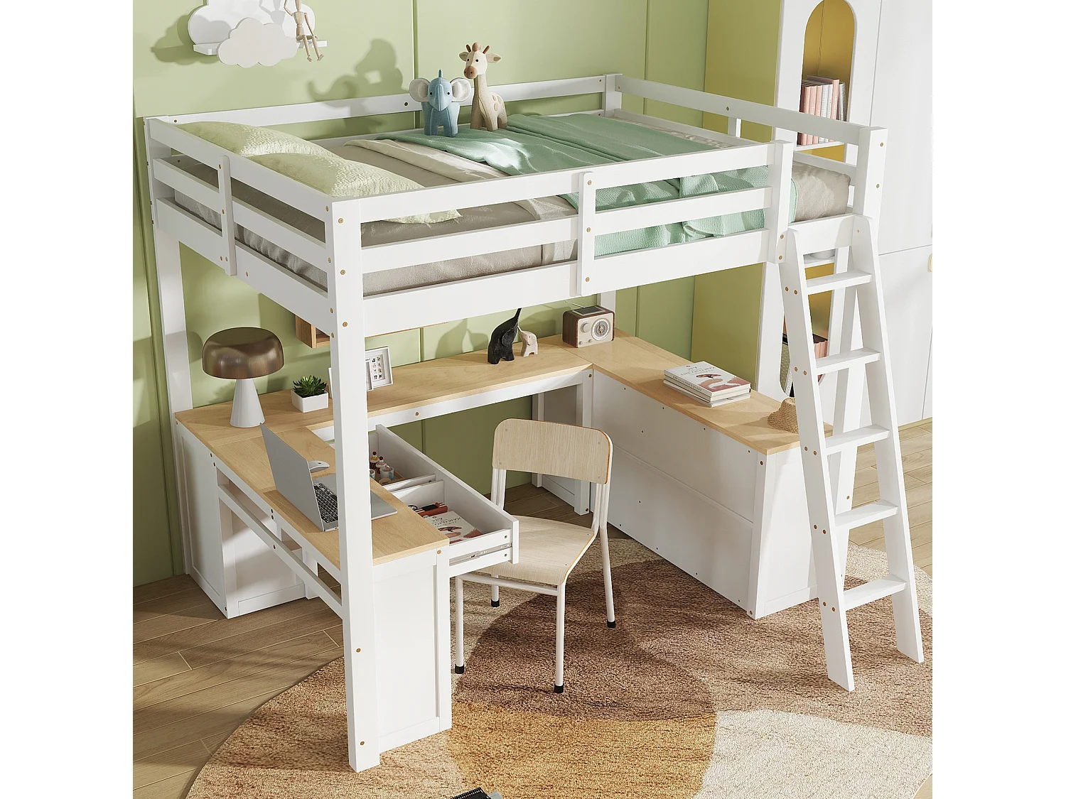 Hochbett 140x200 cm - Mit 2 Schubladen und Ablagefach - Mit U-förmigem Schreibtisch - Massivholz + MDF - Weiß + Natur (ohne Matratze)