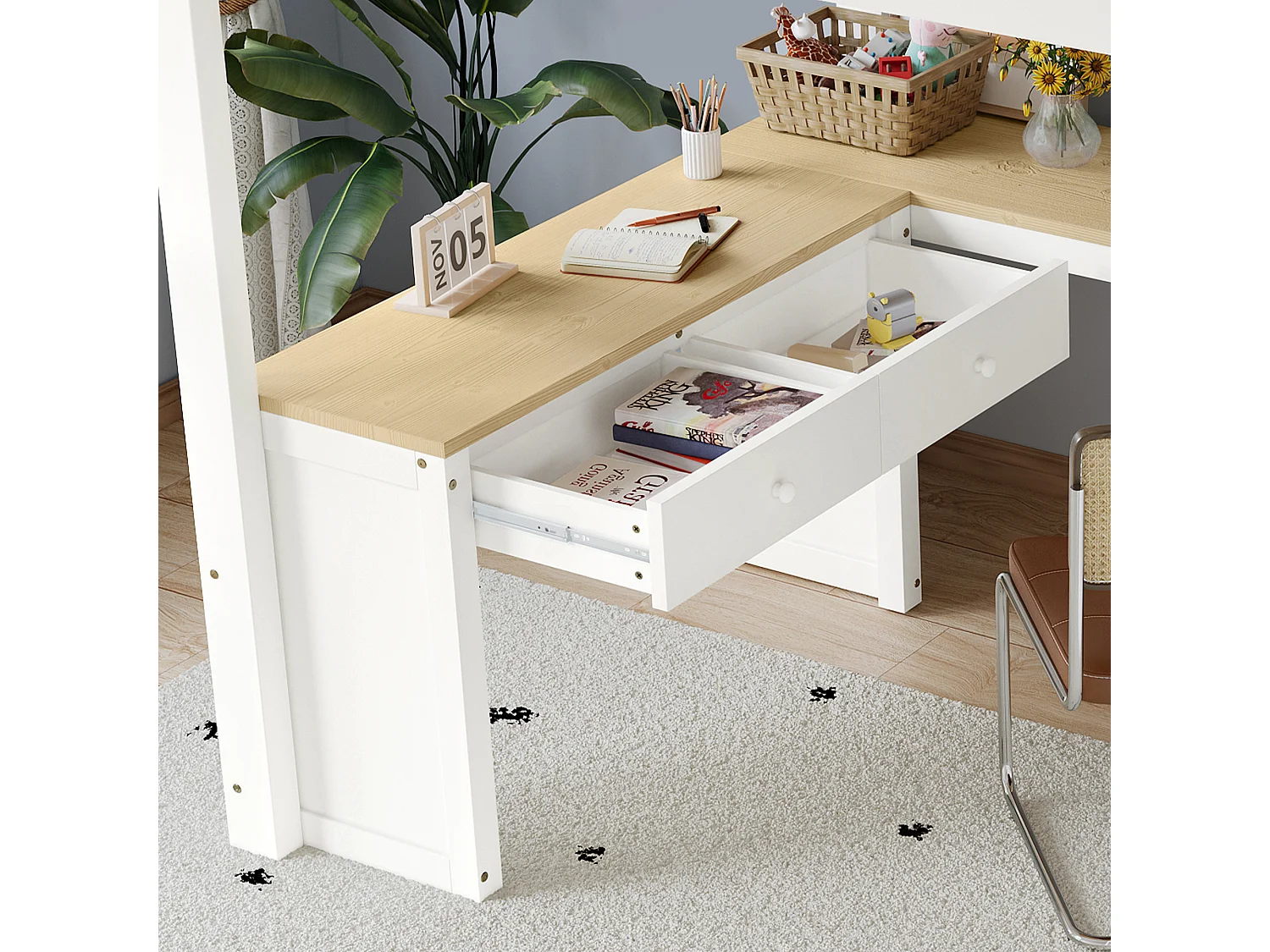 Hochbett 140x200 cm - Mit 2 Schubladen und Ablagefach - Mit U-förmigem Schreibtisch - Massivholz + MDF - Weiß + Natur (ohne Matratze)