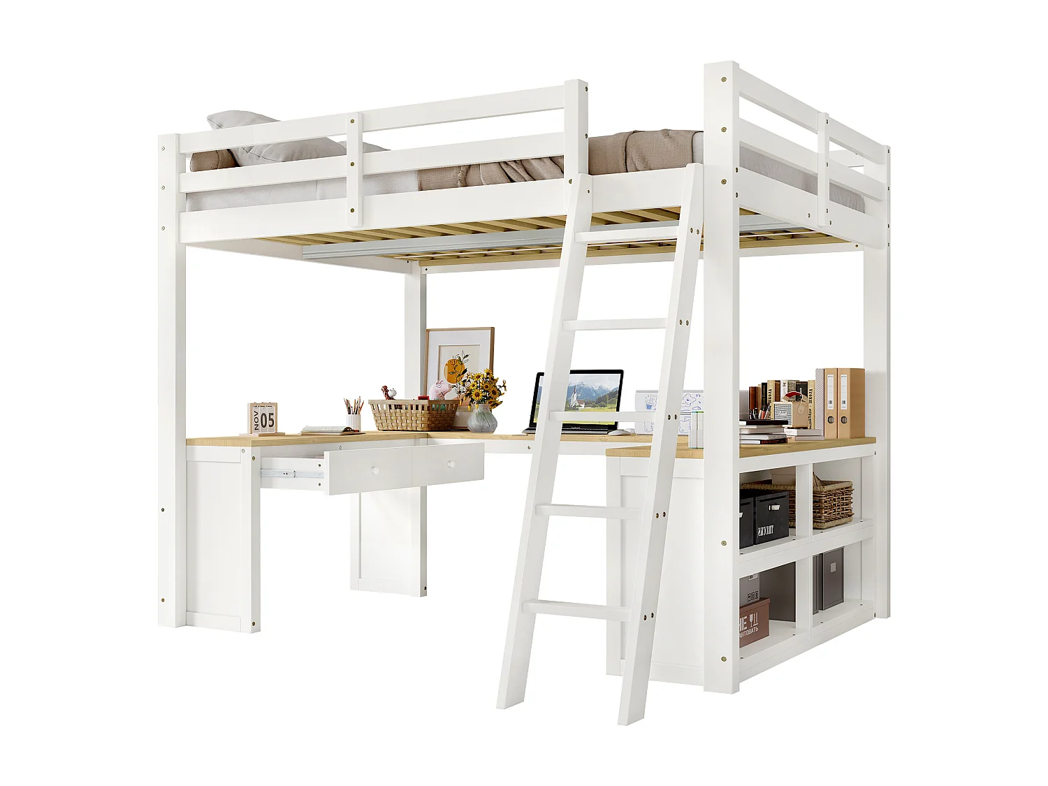 Hochbett 140x200 cm - Mit 2 Schubladen und Ablagefach - Mit U-förmigem Schreibtisch - Massivholz + MDF - Weiß + Natur (ohne Matratze)