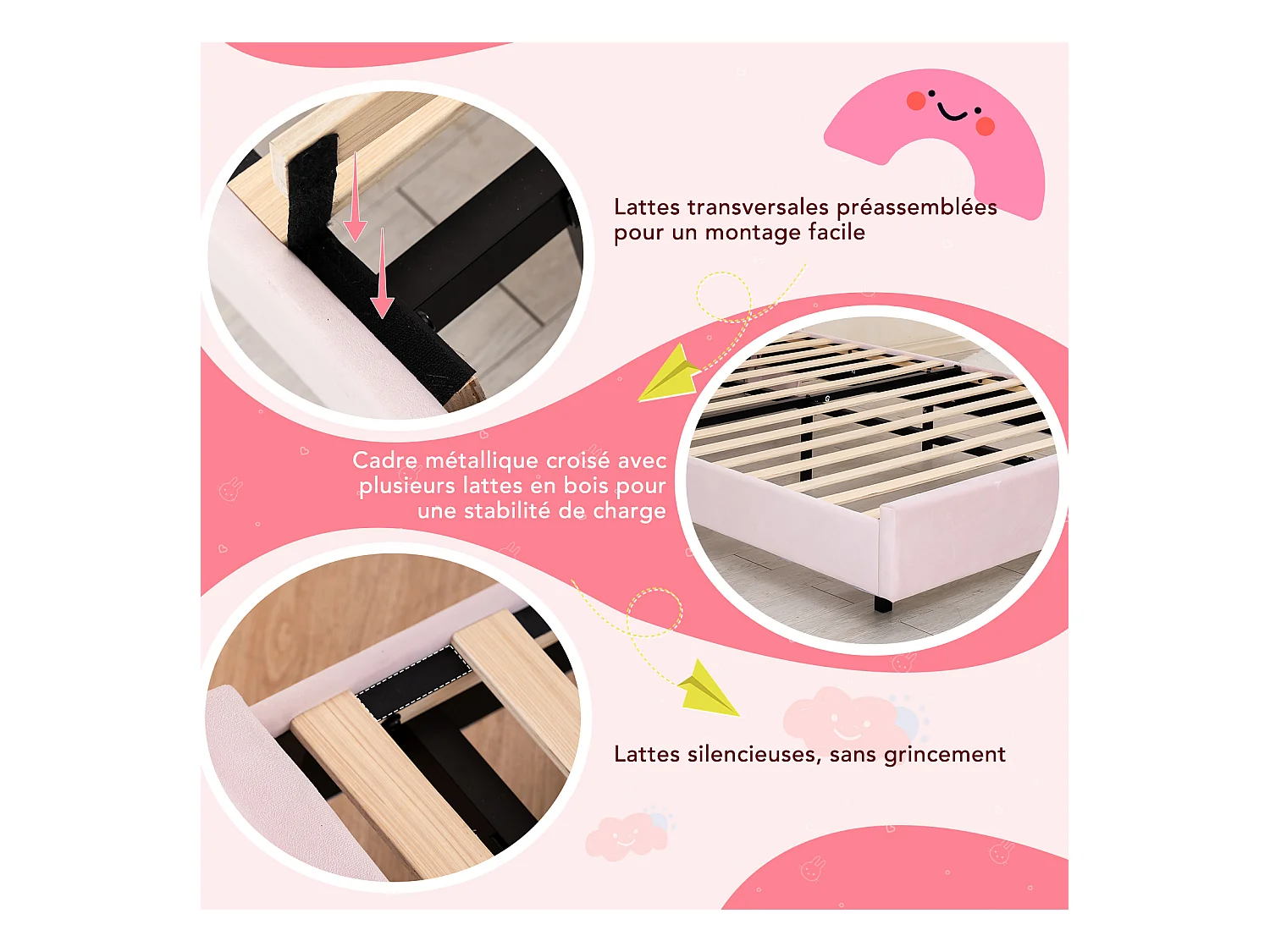 Lit enfant 90x200 cm rose, assemblage facile, avec LED multicolores, tête de lit nuage originale