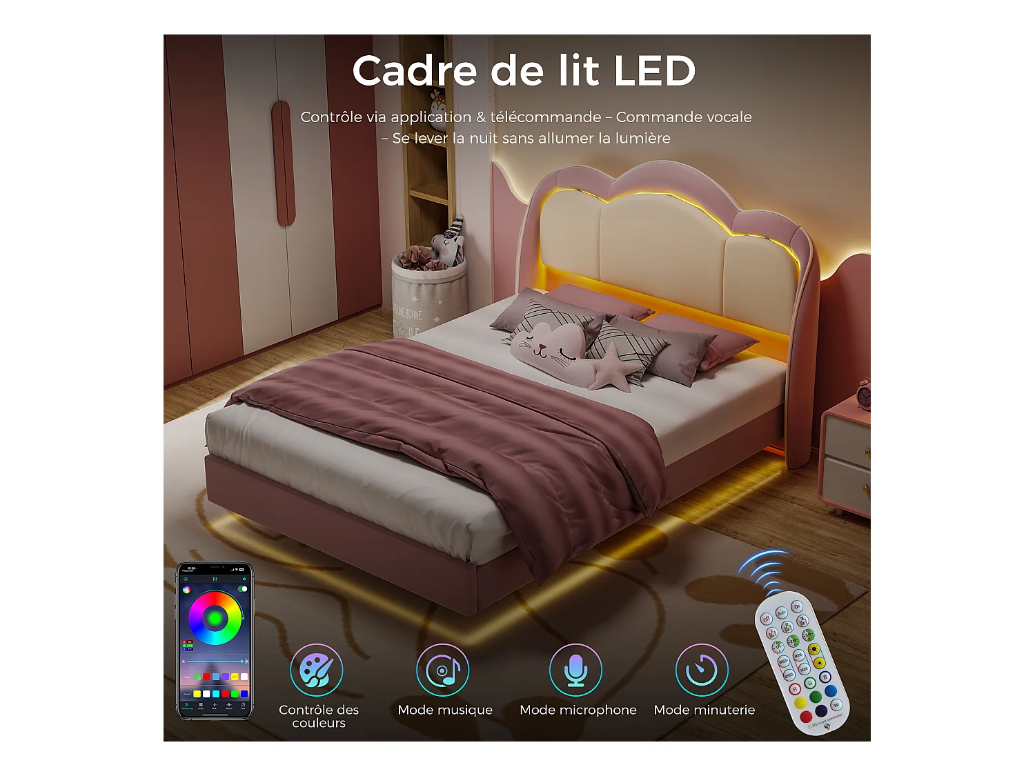 Lit enfant 90x200 cm rose, assemblage facile, avec LED multicolores, tête de lit nuage originale