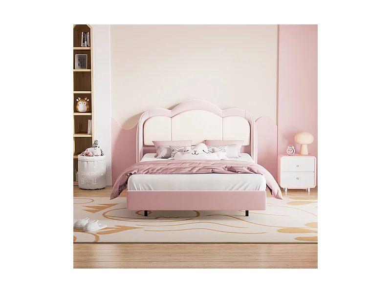 Lit enfant 90x200 cm rose, assemblage facile, avec LED multicolores, tête de lit nuage originale