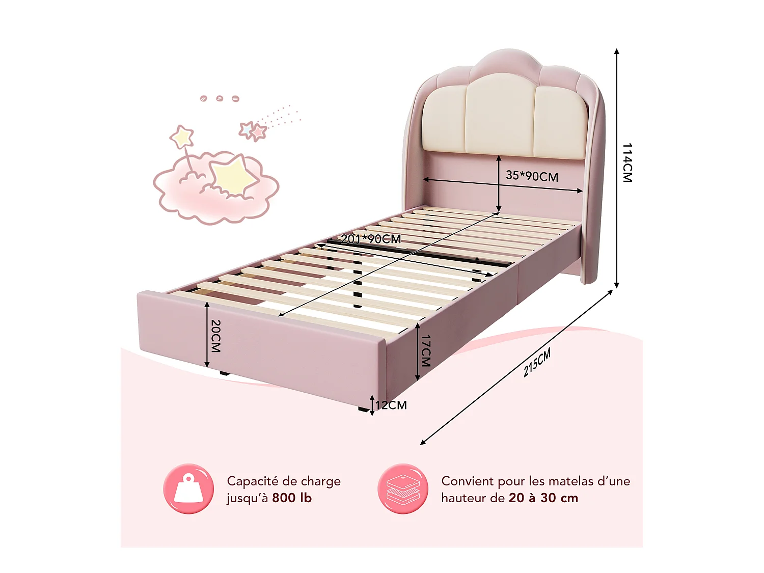 Lit enfant 90x200 cm rose, assemblage facile, avec LED multicolores, tête de lit nuage originale