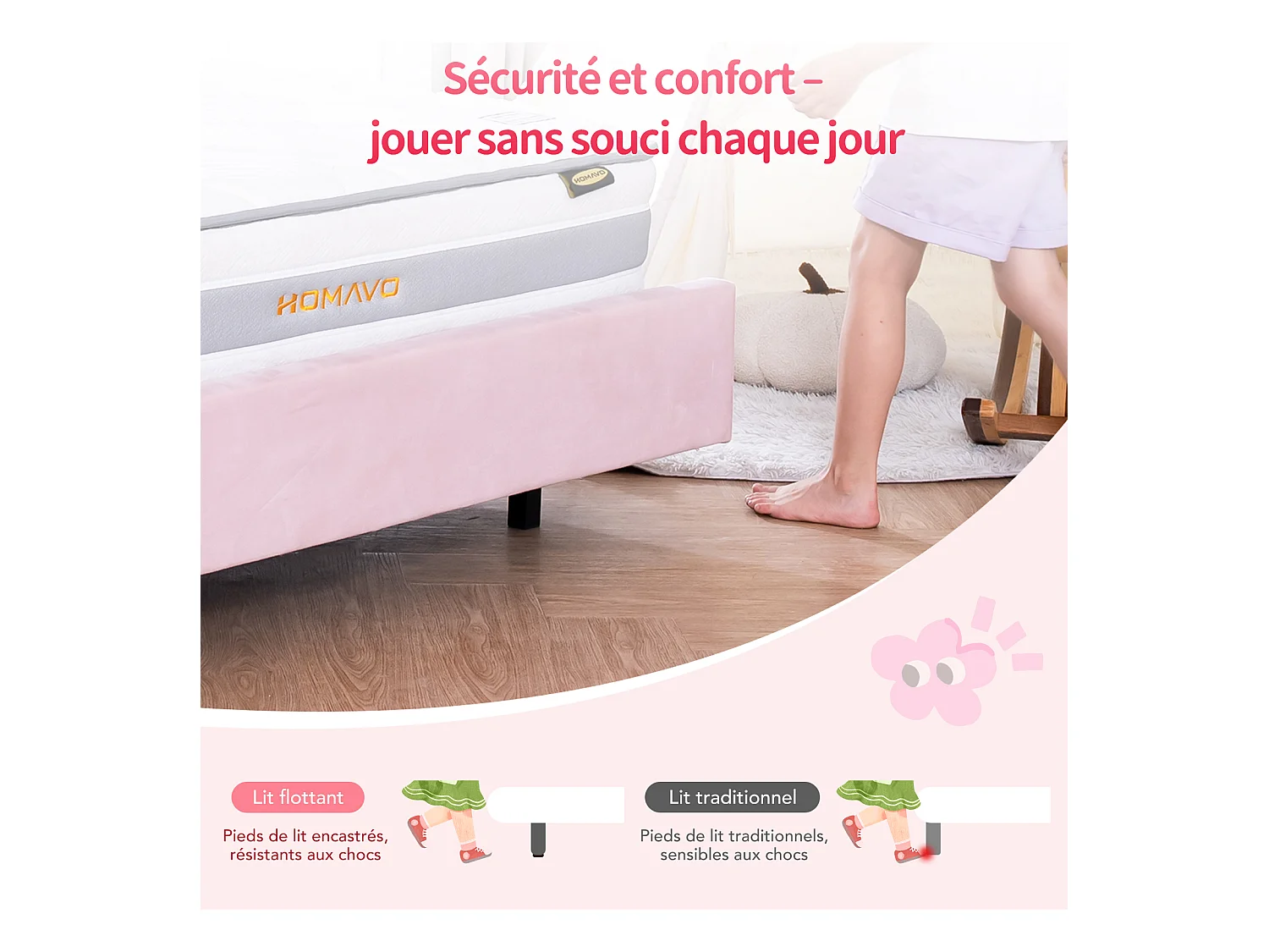 Lit enfant 90x200 cm rose, assemblage facile, avec LED multicolores, tête de lit nuage originale