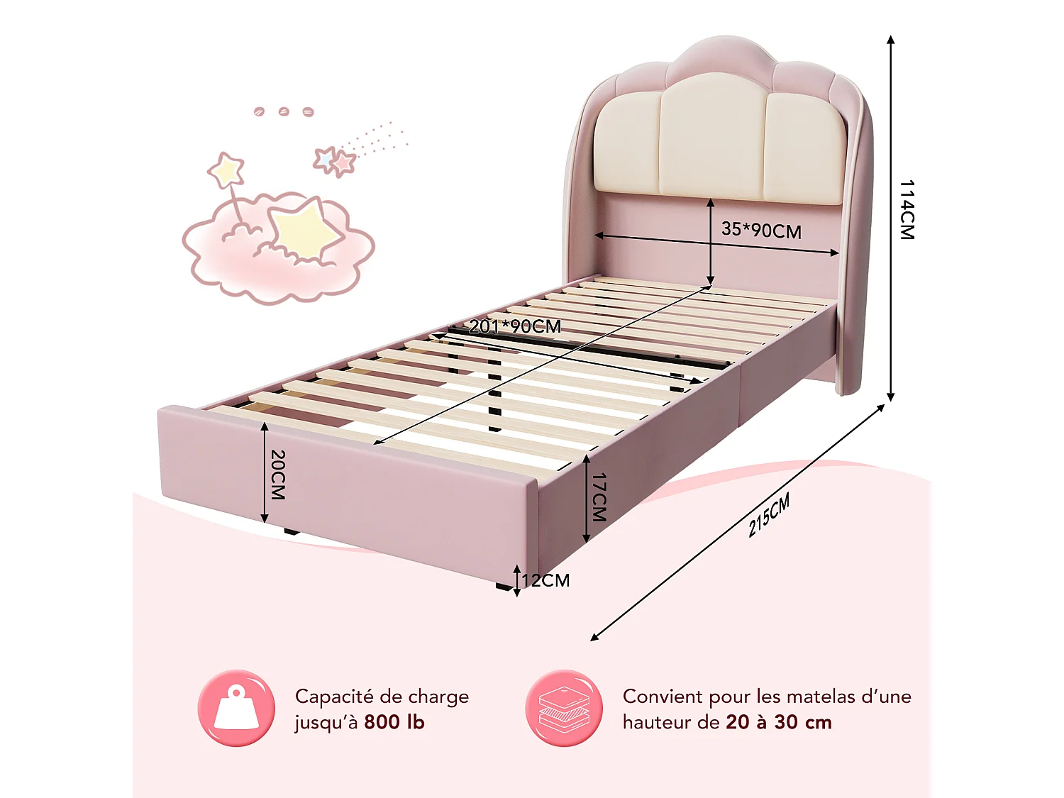 Lit enfant 90x200 cm rose, assemblage facile, avec LED multicolores, tête de lit nuage originale