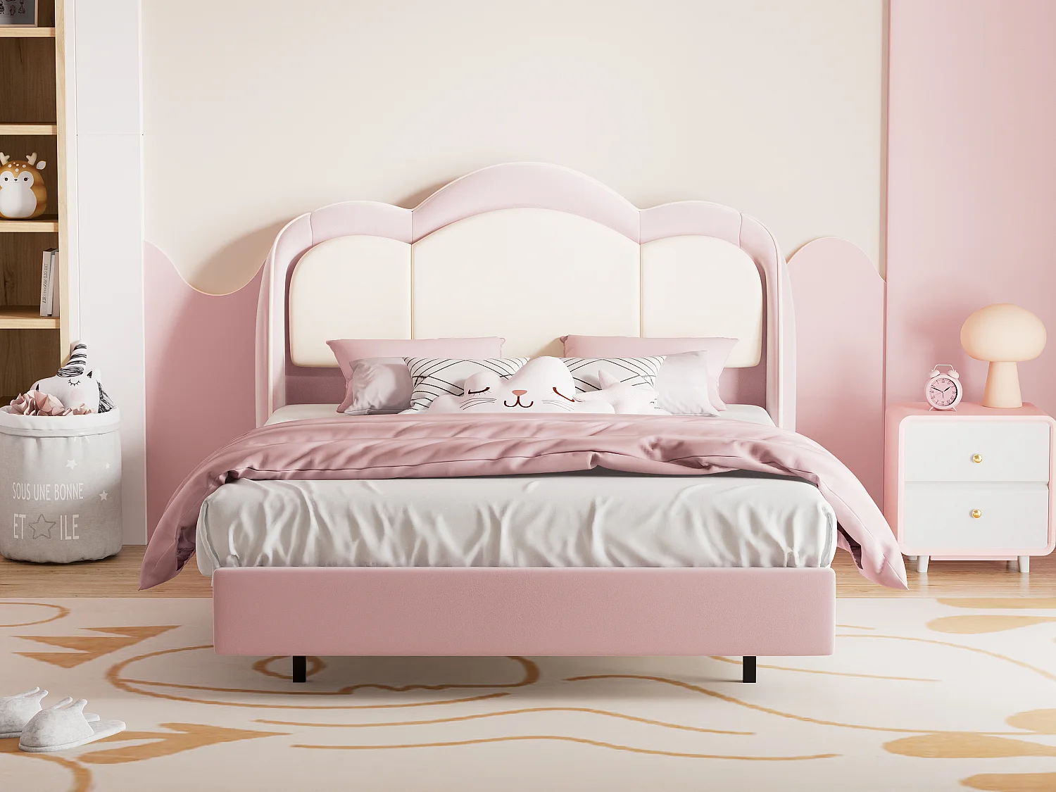 Lit enfant 90x200 cm rose, assemblage facile, avec LED multicolores, tête de lit nuage originale