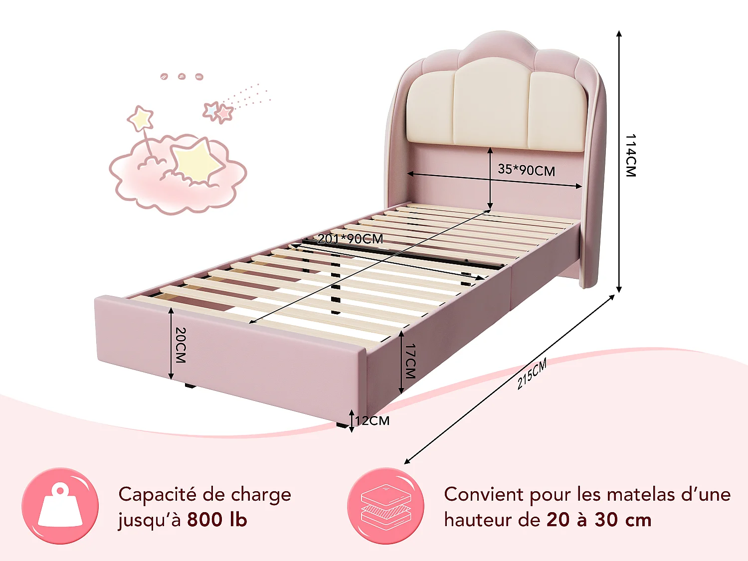 Lit enfant 90x200 cm rose, assemblage facile, avec LED multicolores, tête de lit nuage originale