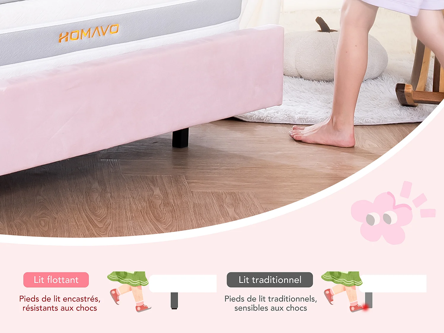 Lit enfant 90x200 cm rose, assemblage facile, avec LED multicolores, tête de lit nuage originale