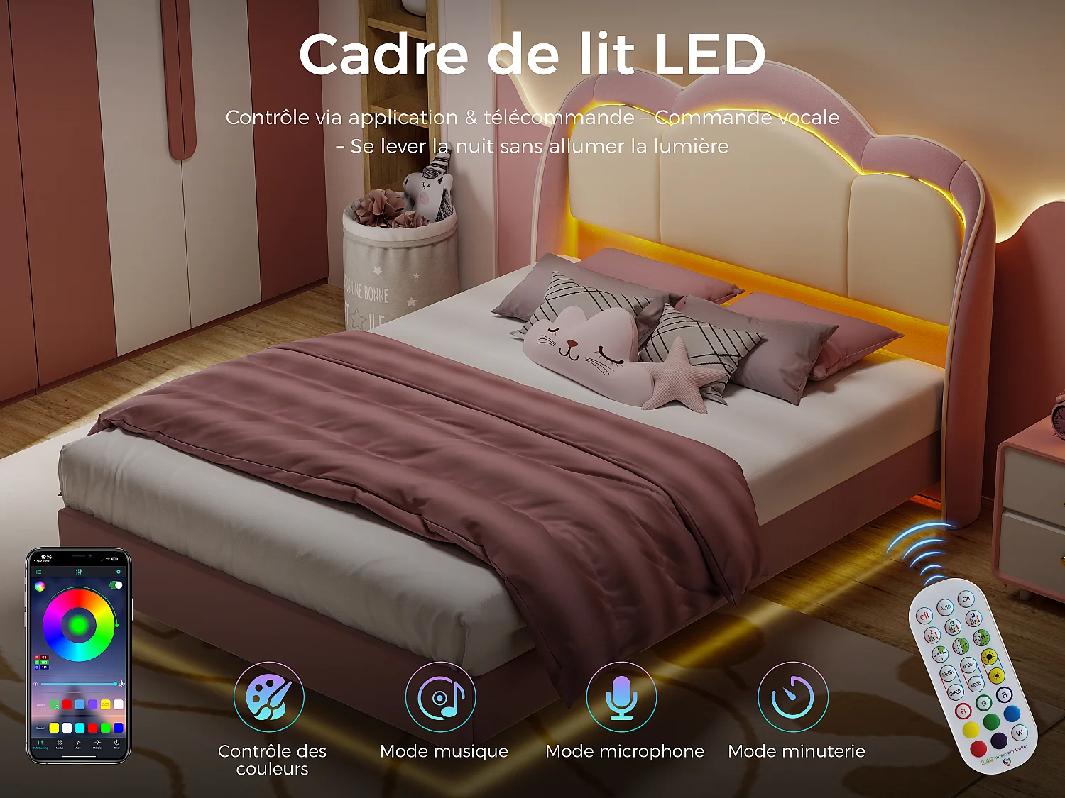Lit enfant 90x200 cm rose, assemblage facile, avec LED multicolores, tête de lit nuage originale