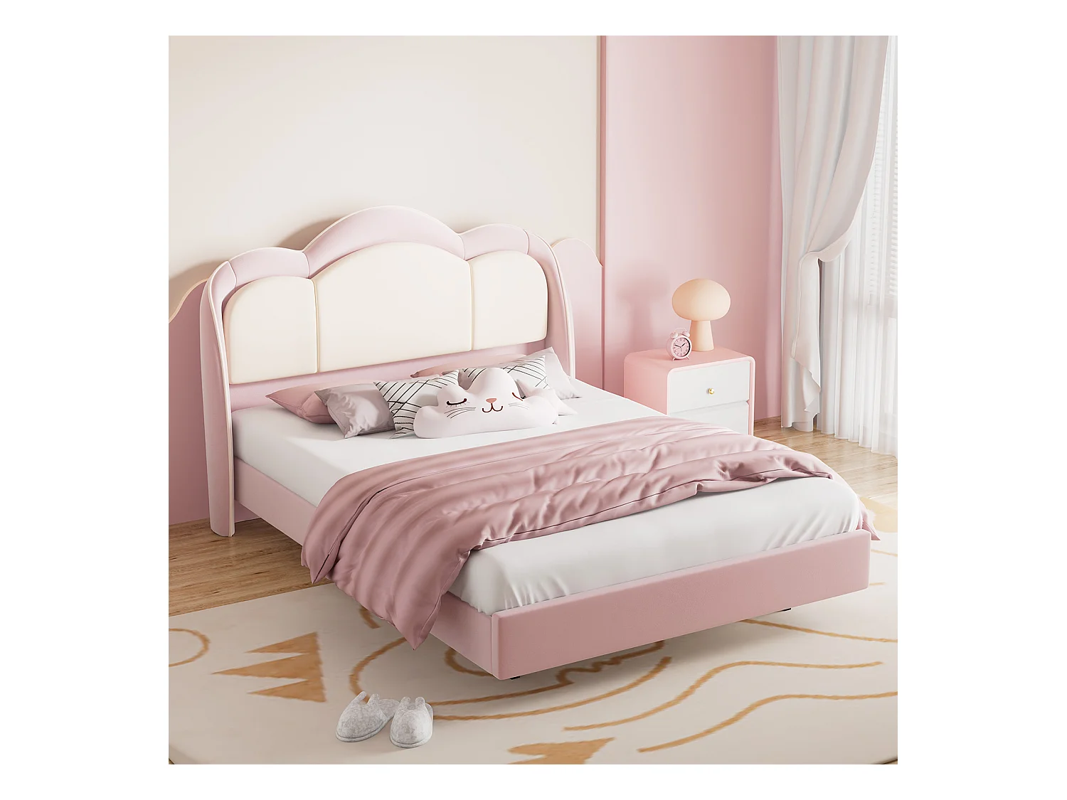 Lit enfant 140x200 cm rose, assemblage facile, avec LED multicolores, tête de lit nuage originale