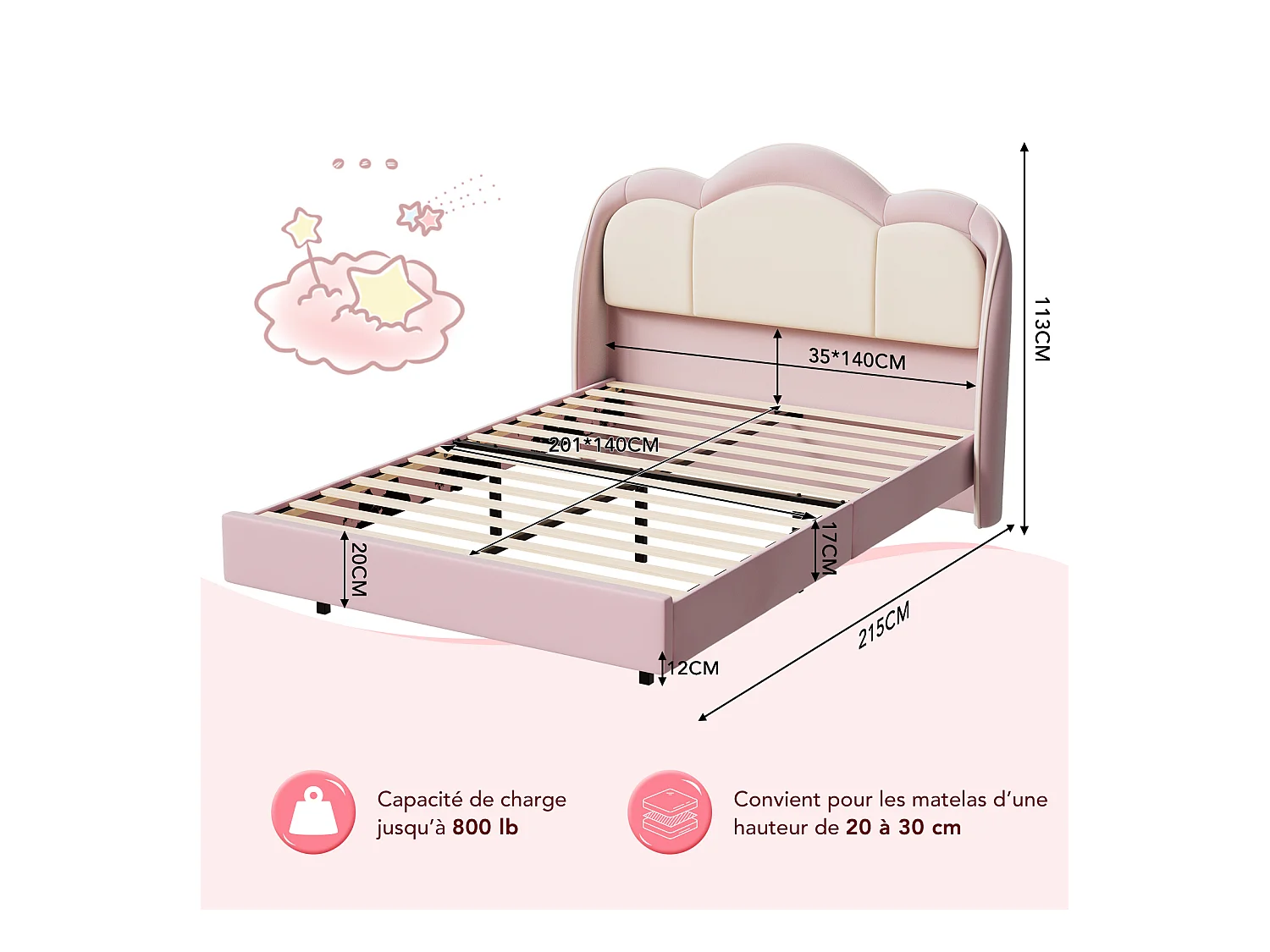 Lit enfant 140x200 cm rose, assemblage facile, avec LED multicolores, tête de lit nuage originale