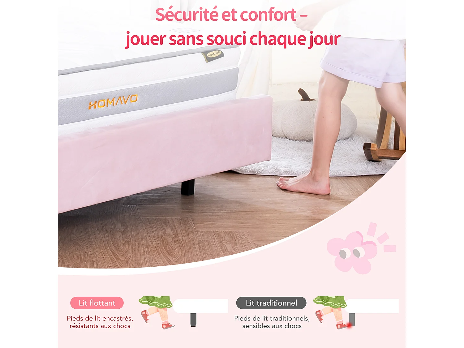 Lit enfant 140x200 cm rose, assemblage facile, avec LED multicolores, tête de lit nuage originale