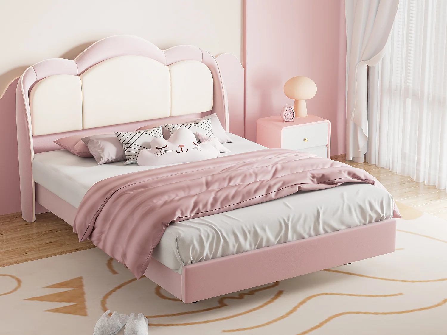 Lit enfant 140x200 cm rose, assemblage facile, avec LED multicolores, tête de lit nuage originale