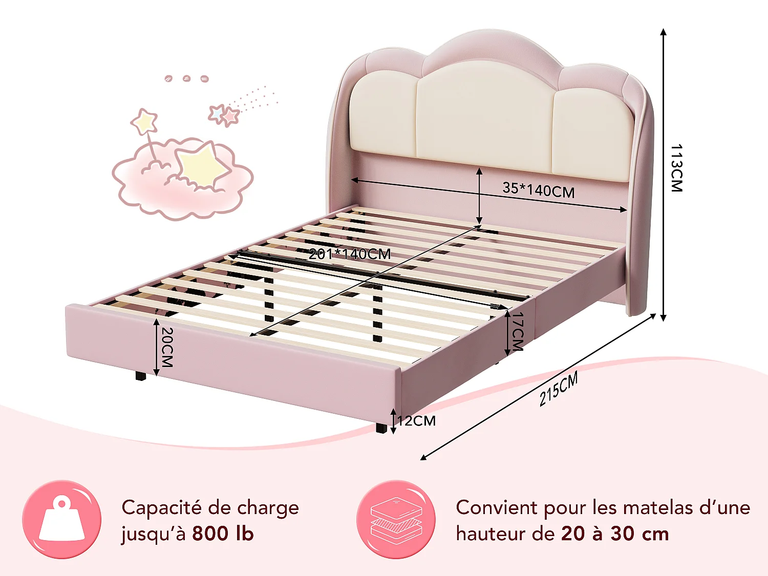 Lit enfant 140x200 cm rose, assemblage facile, avec LED multicolores, tête de lit nuage originale