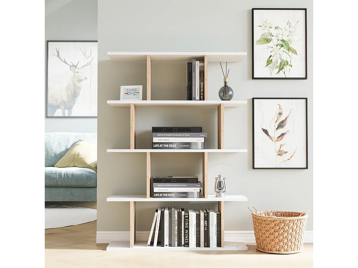 Etagère 4 niveaux blanc et décor chêne L90 cm - HARMON