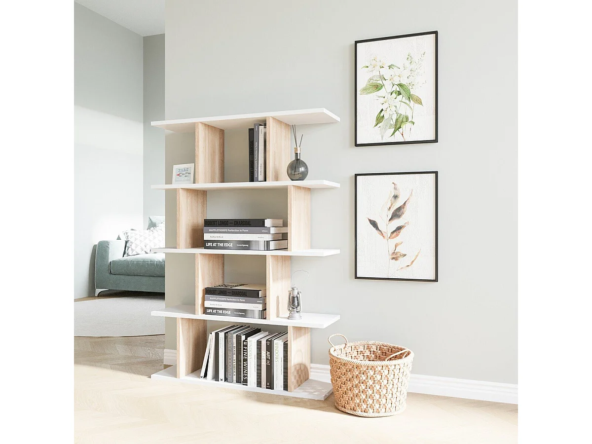 Etagère 4 niveaux blanc et décor chêne L90 cm - HARMON
