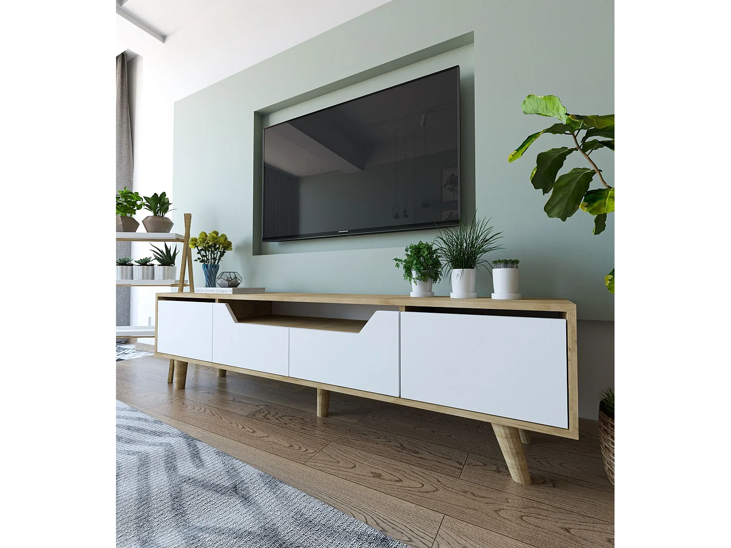 Mueble de TV – 180 cm – Roble Zafiro y Blanco – Aglomerado