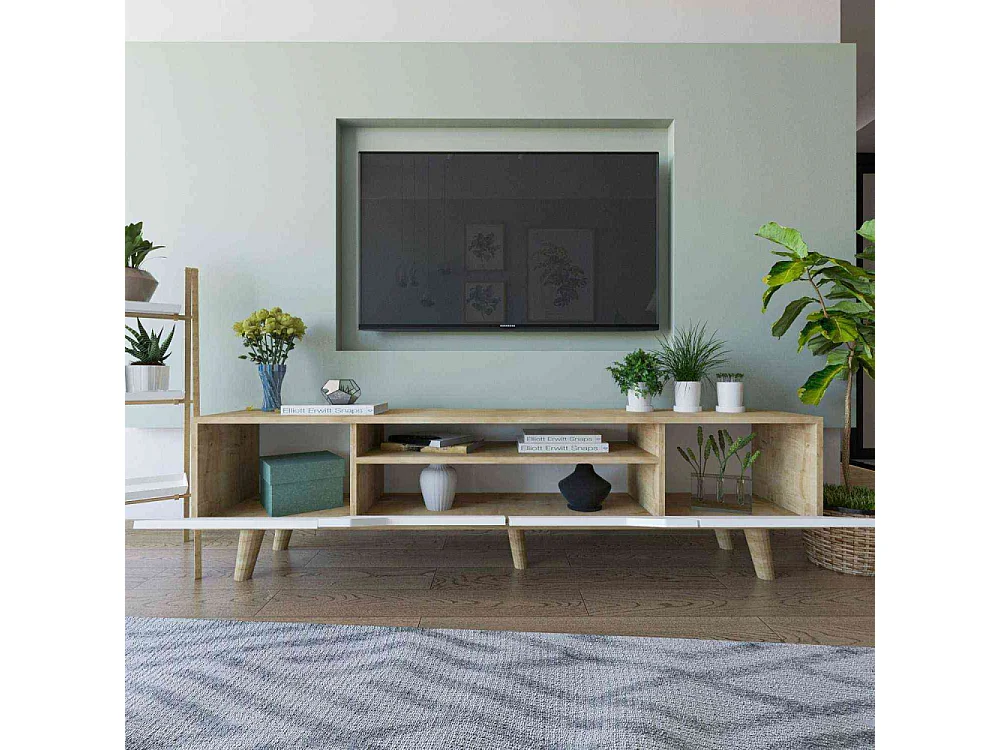 Mueble de TV – 180 cm – Nogal y Blanco – Aglomerado con melamina