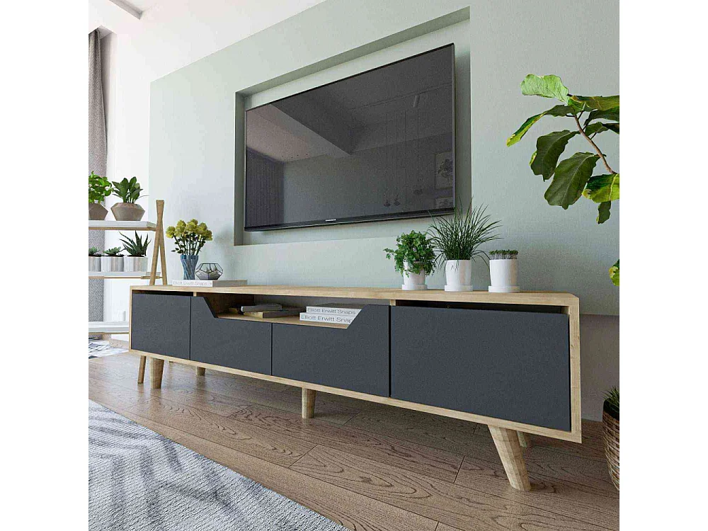 Mueble de TV – 180 cm – Roble Zafiro y Antracita – Tablero aglomerado revestido de melamina