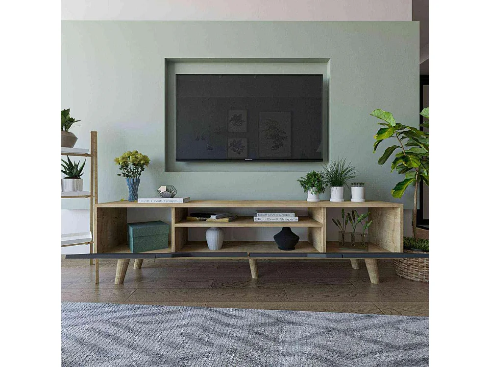 Mueble de TV – 180 cm – Roble Zafiro y Antracita – Tablero aglomerado revestido de melamina