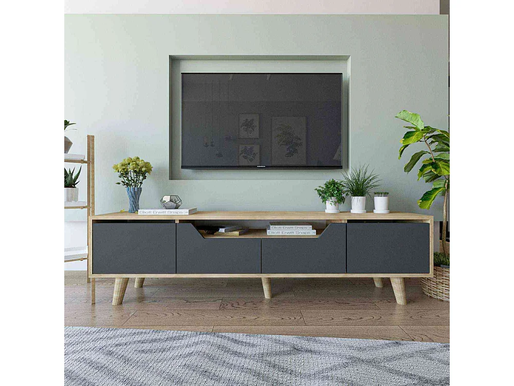 Mueble de TV – 180 cm – Roble Zafiro y Antracita – Tablero aglomerado revestido de melamina