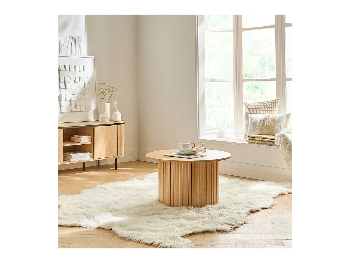 Table basse ronde avec pied à lattes décor bois  - ELIE