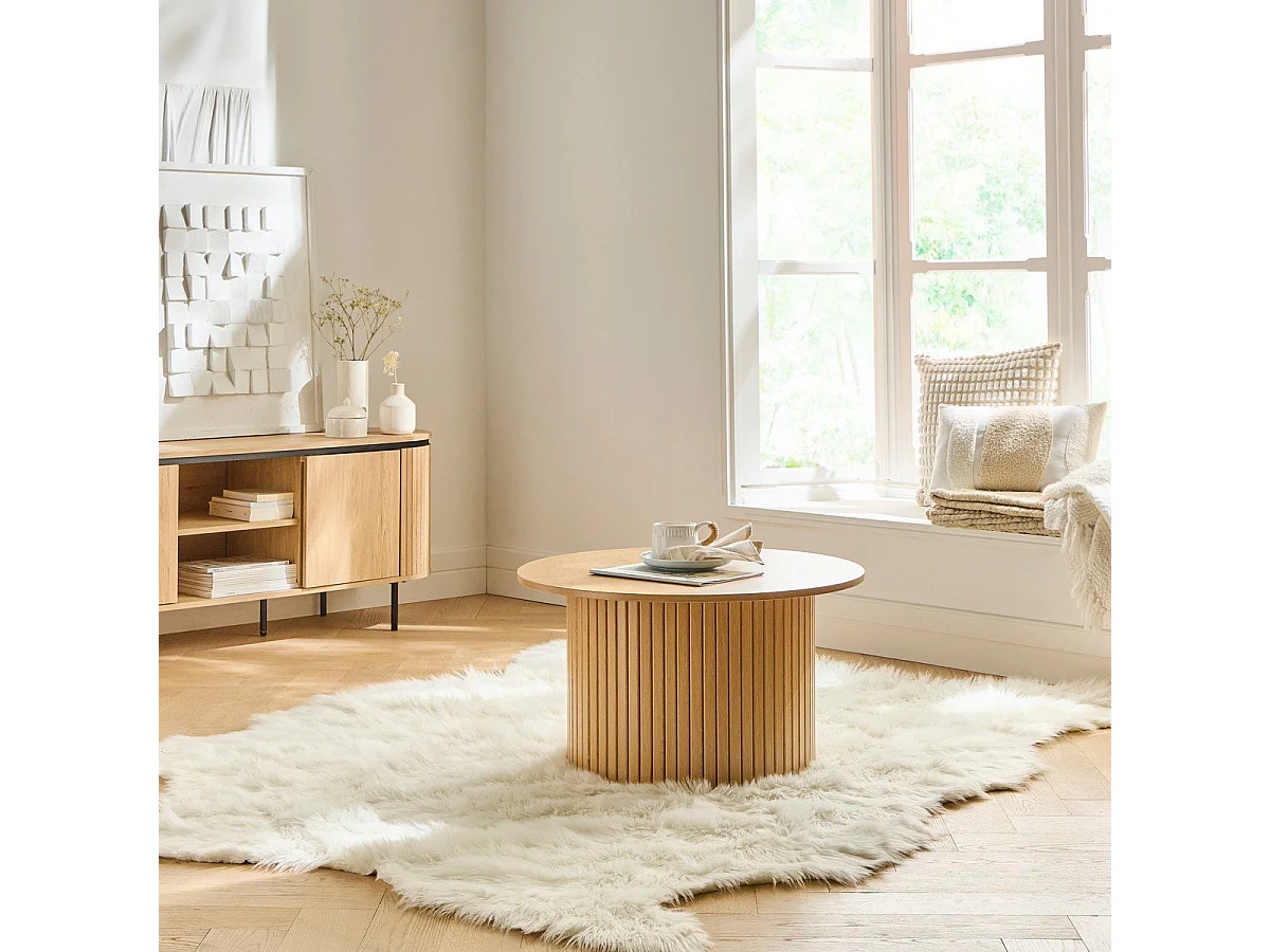 Table basse ronde avec pied à lattes décor bois  - ELIE