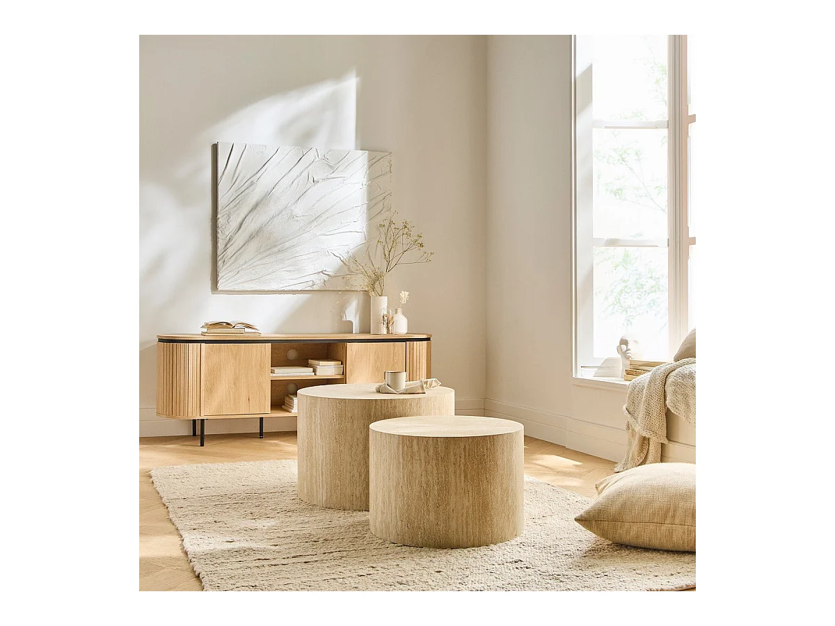 Lot de 2 tables basses rondes empilables décor travertin - MAIA