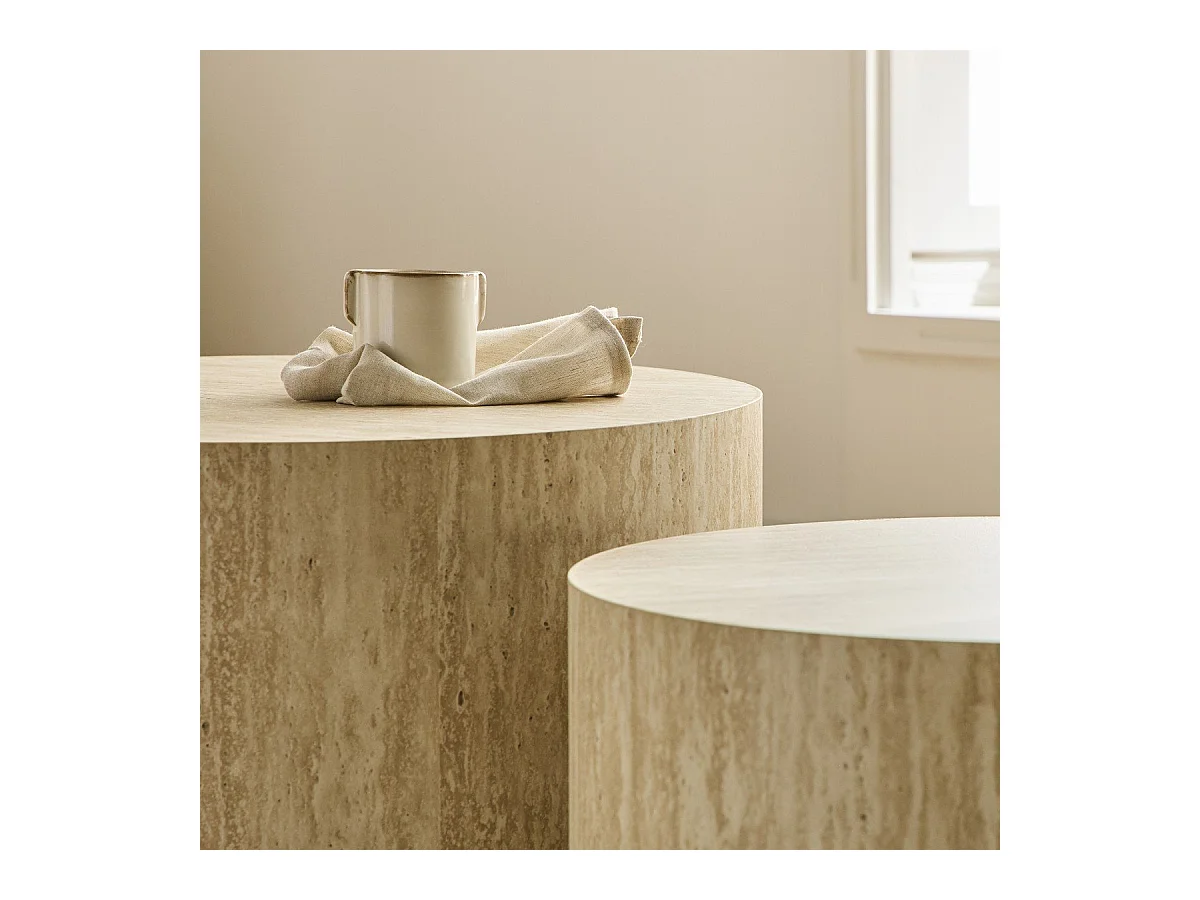 Lot de 2 tables basses rondes empilables décor travertin - MAIA