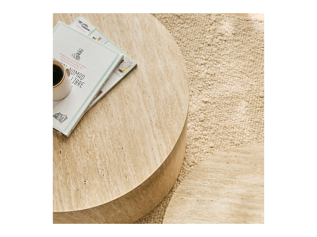 Lot de 2 tables basses rondes empilables décor travertin - MAIA