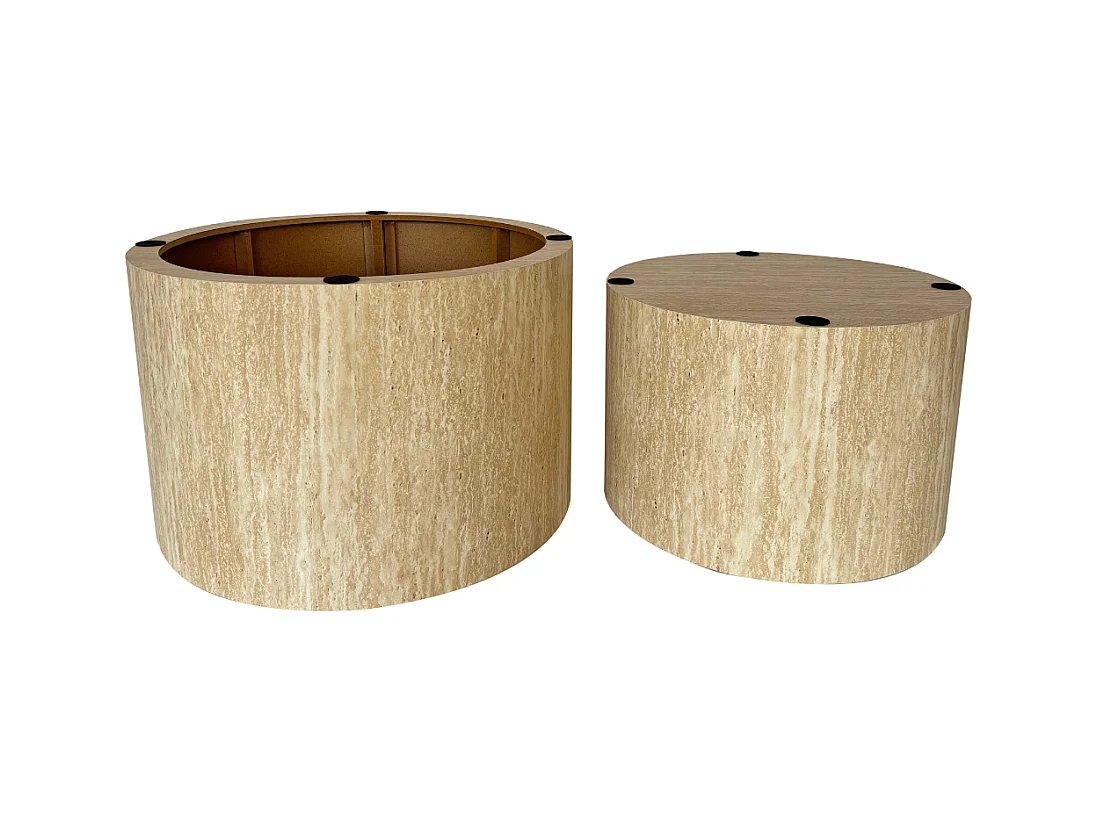 Lot de 2 tables basses rondes empilables décor travertin - MAIA