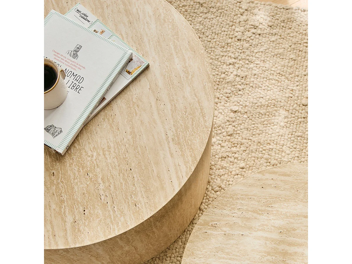 Lot de 2 tables basses rondes empilables décor travertin - MAIA