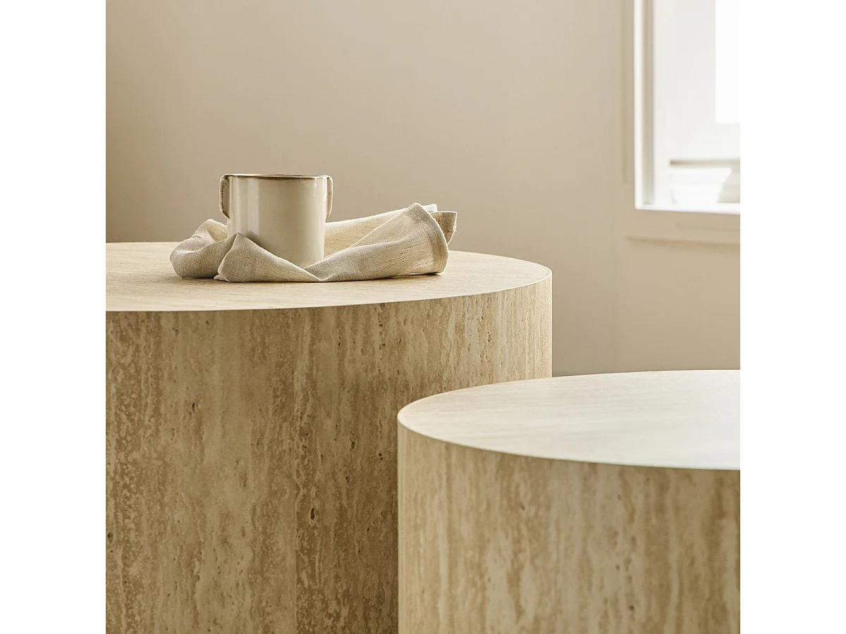 2er-Set runde Couchtische in Travertinoptik - MAIA