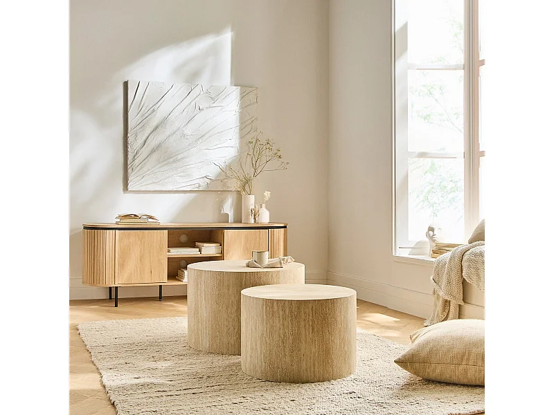 Lot de 2 tables basses rondes empilables décor travertin - MAIA